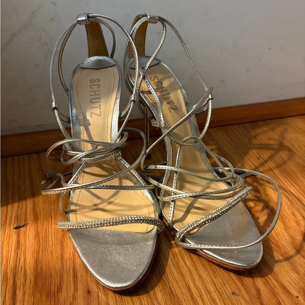 SCHUTZ Metallic Silver Strappy Heels
